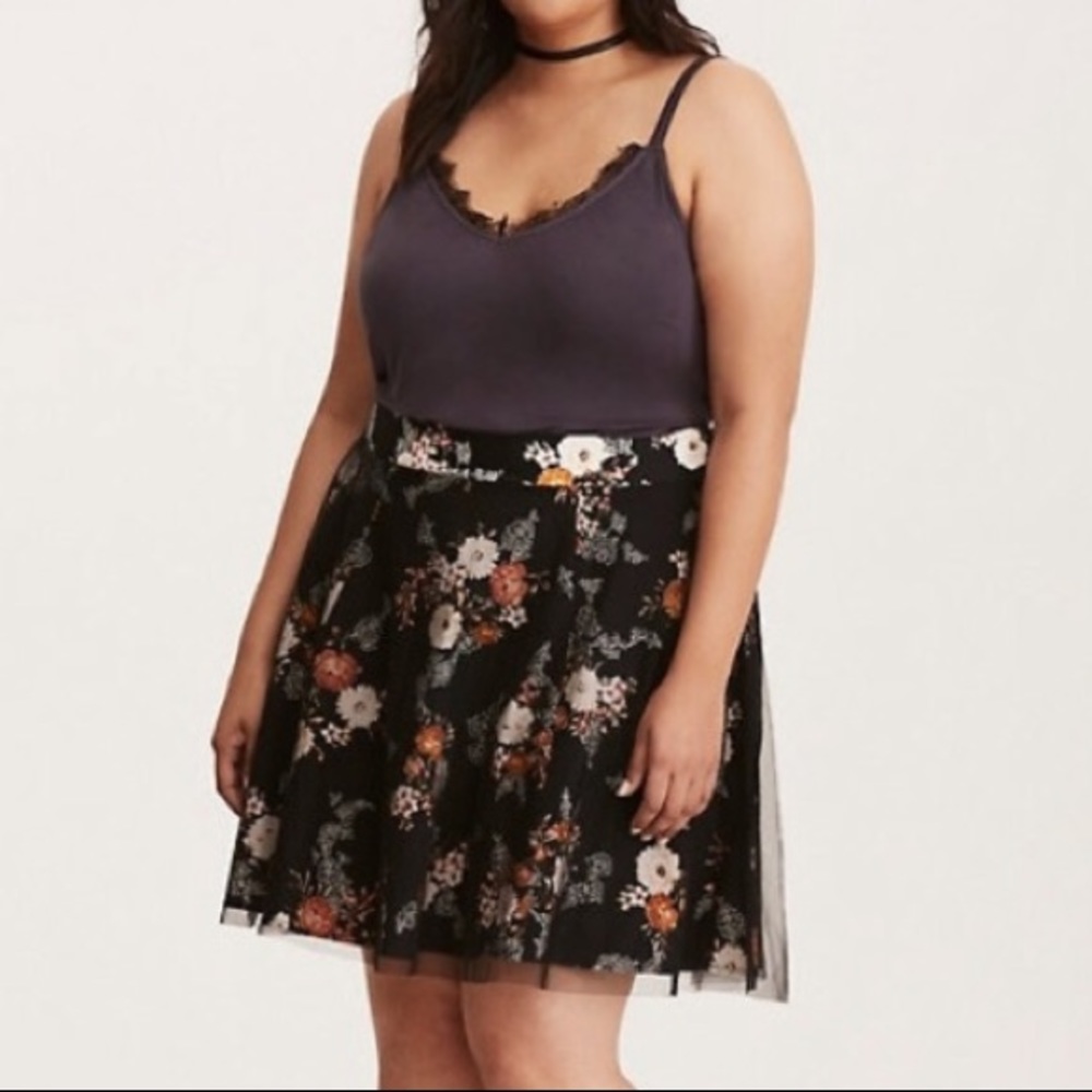 Torrid black floral mesh overlay skater skirt elastic waist